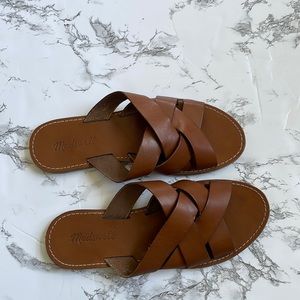 Madewell The Boardwalk Woven Slide Sandals brown leather